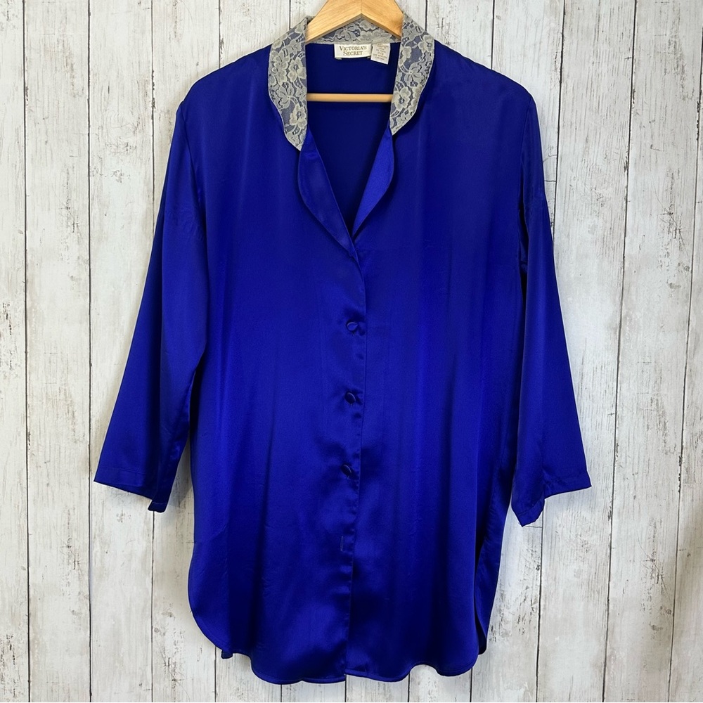 VNTG Victoria's Secret Purple/Lace Trim Button Down Long Sleeve Sleepshirt- PS